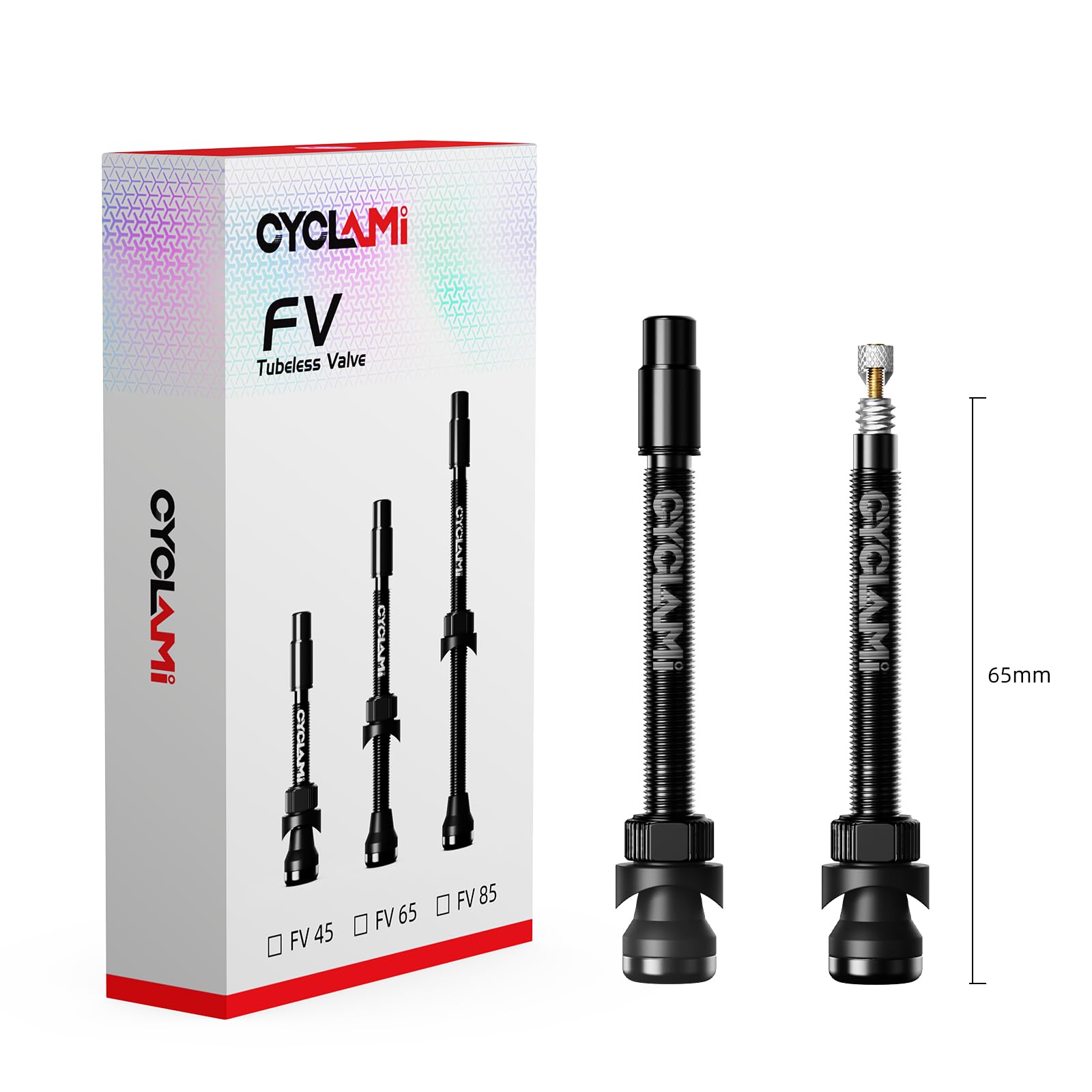 Lot de 2 CYCLAMI Presta Tubeless Valves 45/65/85mm, Insert Anti-Crevaison en Aluminium de Haute Qualité pour Pneus Tubeless, avec Outil de Démontage de Valve, pour vélo de Route, Gravel et VTT