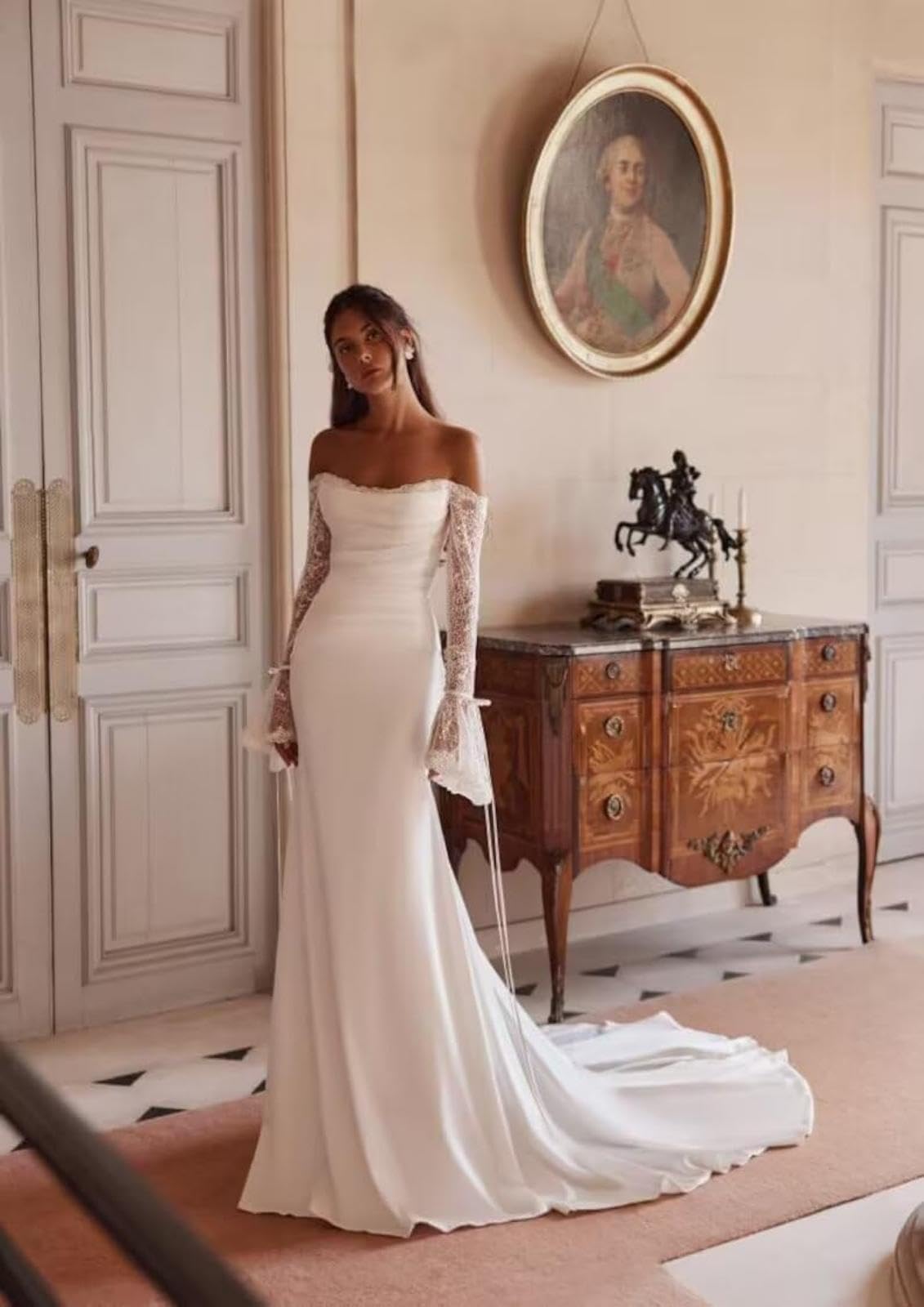 HUINI Hochzeitskleid für die Braut mit Spitzenapplikationen aus Satin Korsett Schulterfrei Meerjungfrau-Stil Brautkleid mit Schleppe
