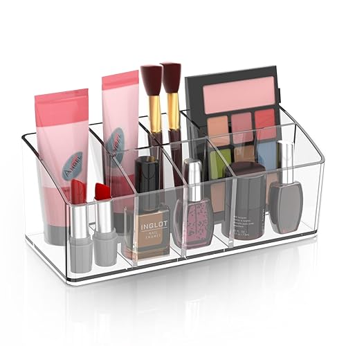 Organizadores de maquillaje y almacenamiento Pequeño almacenamiento de maquillaje transparente con 7 ranuras para tocador, baño, cajón, vitrinas de