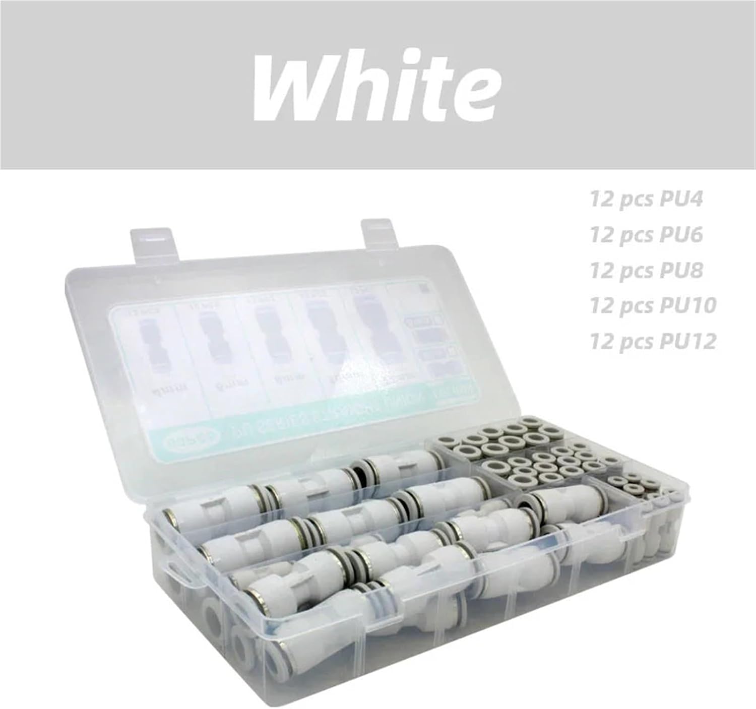 60Pcs Box Set Air Straight Pneumatic Fittings PU Water Pipes Quick Release Connector PU-4-6-8-10-12mm Plastic Hose Couplings(60PCS White)
