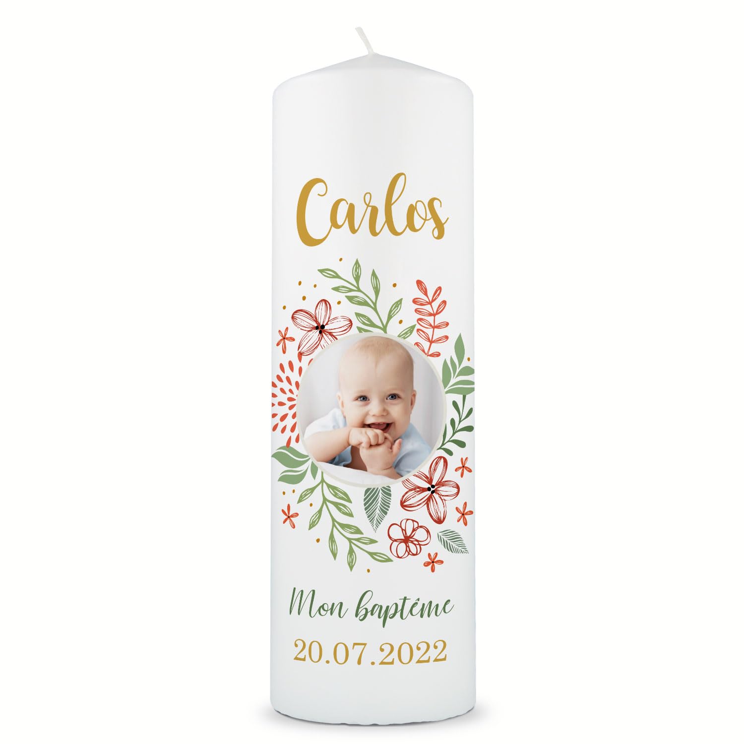 GRAVURZEILE Bougie imprimée - Bougie photo de bébé pour baptême - Bougie pilier chrétienne avec votre propre photo - Personnalisable avec nom, date et image - Bougie pilier de qualité supérieure