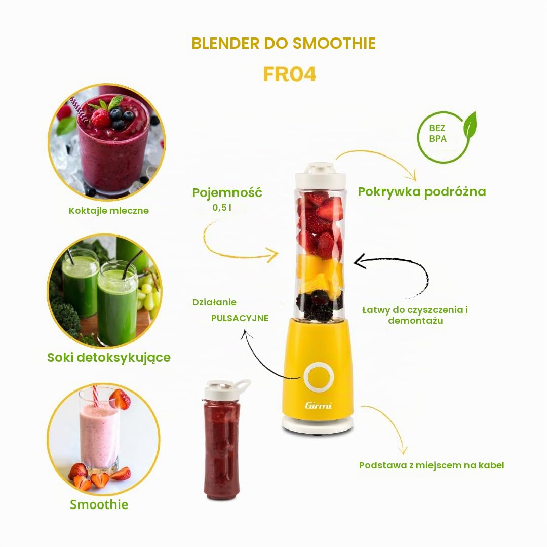 Girmi FR04 Blender Smoothie Maker, 0,5 l, 4 ostrza ze stali nierdzewnej, wolne od BPA, obsługa impulsowa, pokrywka podróżna i dzióbek, żółty/biały