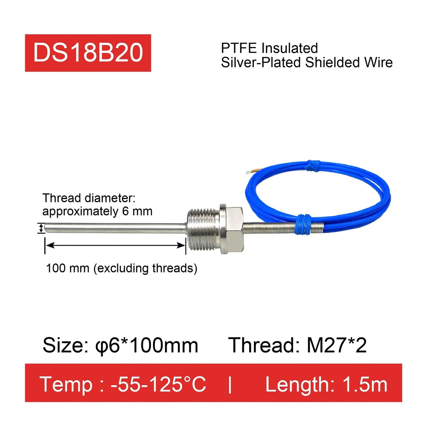 Termómetro digital con sonda roscada de acero inoxidable con sensor 18B20(L-M27-2 6-100MM)