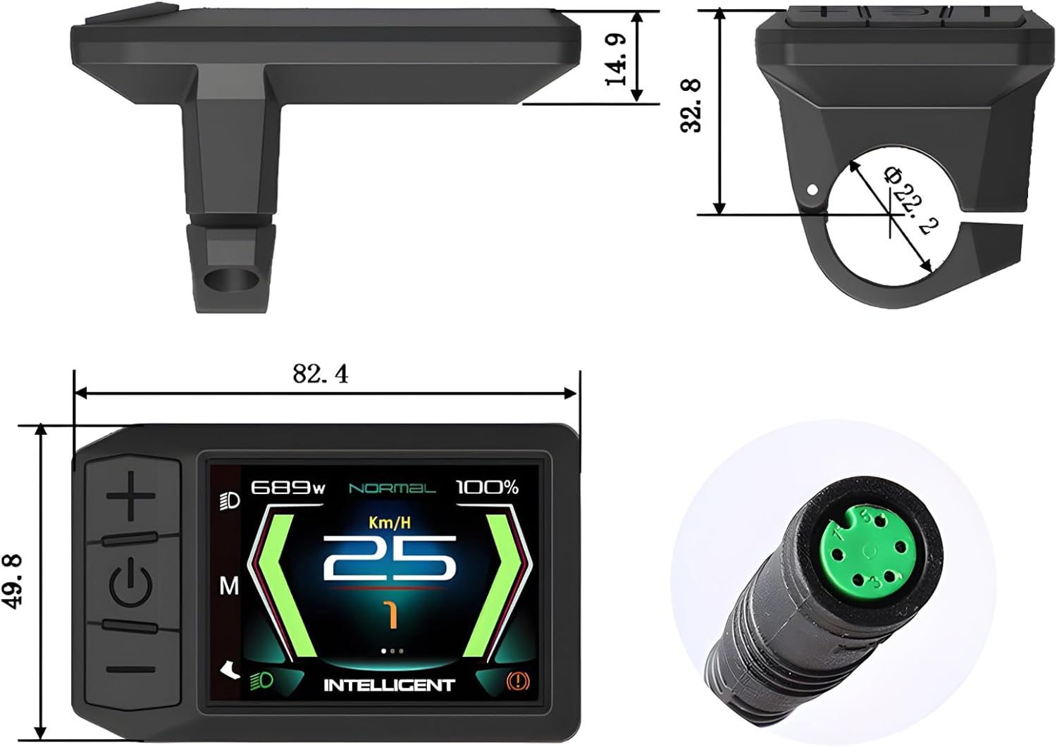 Dimensions of BAFANG 600C display and its 5-pin UART connector