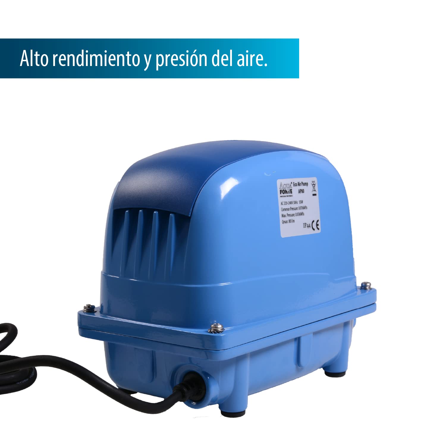 AquaForte AP-60 Bomba de aire, 38 W, Presión Presión 3,5 m, Adecuada para piscinas y estanques de hasta 36m3, Peces 30000 litros, Koi 15000 litros, 3,4 kg, Salida 18 mm
