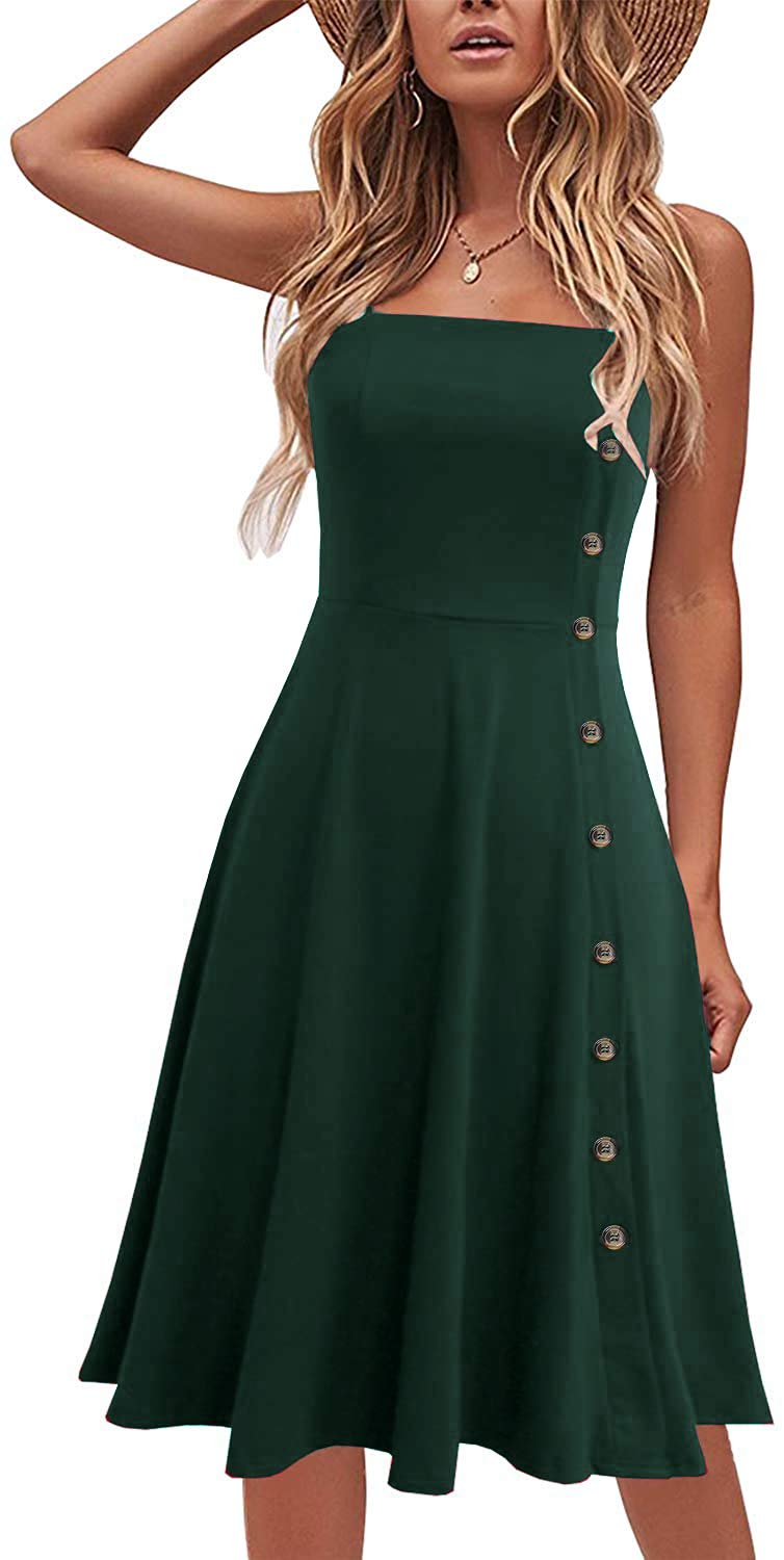 Women's Casual Summer Beach Flattering Flowy A-Line Spaghetti Straps Solid Cotton Button Down Midi Sundress
