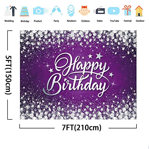 Svbright Purple Silver Happy Birthday Backdrop 7Wx5H Shinning Bokeh Dots Women Girls Party Diamond Sparkle Sweet Princess Dots Celebration Decorations Photography Background Banner Photo Booth Studio #TOP3
