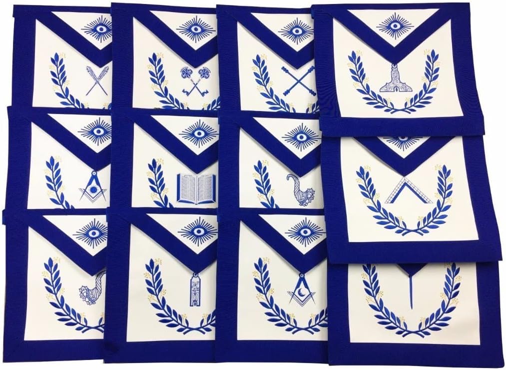 BRICKS MASONS Masonic Blue Lodge Officers Aprons with Wreath - Set of 12 Aprons