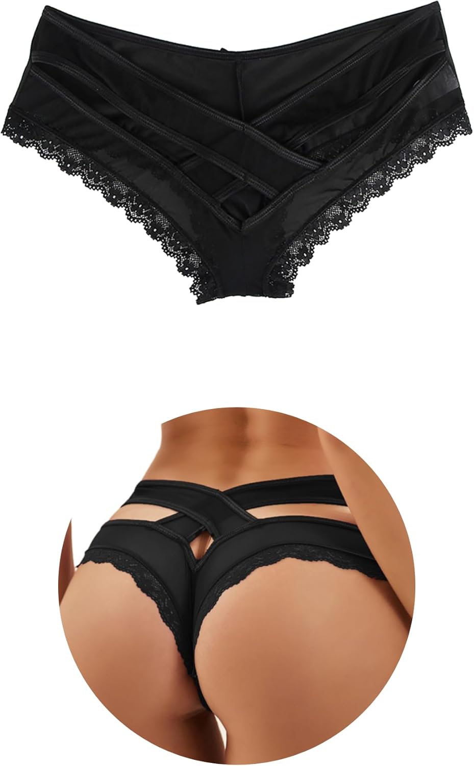 ohmydear Womens Sexy Cheeky Panties Lace Thongs Hipster Back Crisscross Strappy Underwear Plus Size Bikini Briefs XS-4XL