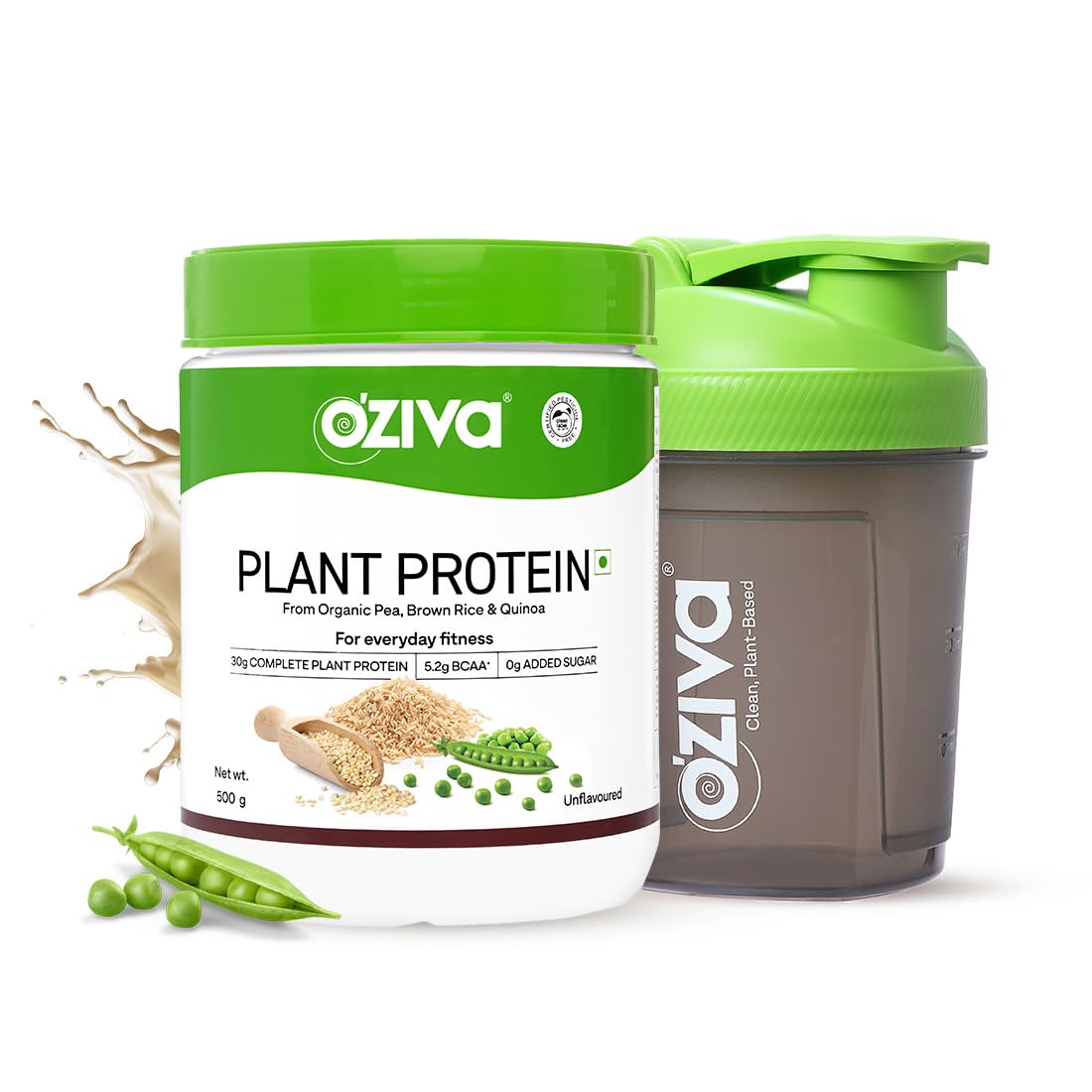 OZiva Organic Plant Protein for Everyday Fitness | 30g Protein - Pea Isolate | Complete Plant Protein Powder | No Added Sugar, Certified Clean & Vegan (Unflavoured, 500 gms shaker)