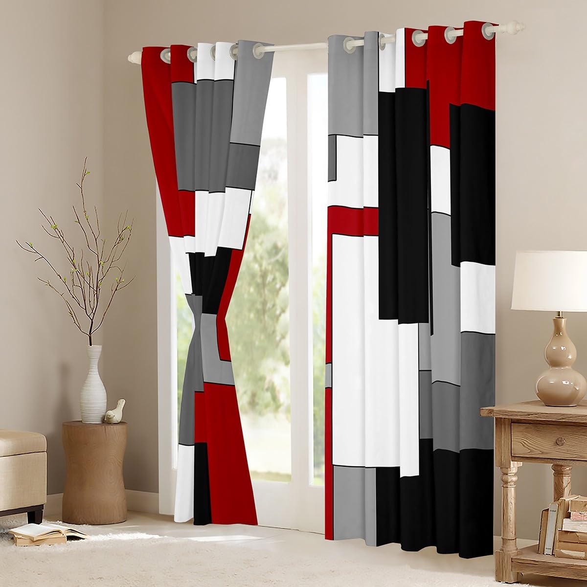 Homewish Rideau Occultant 140x175 cm Géométrique Rouge Gris, Rideau Abstrait À Échecs, Rideaux Voilage Décoratif Rayé Moderne, Voilage Fenetre Décor Intérieur de Grille Moderne pour Chambre Salon
