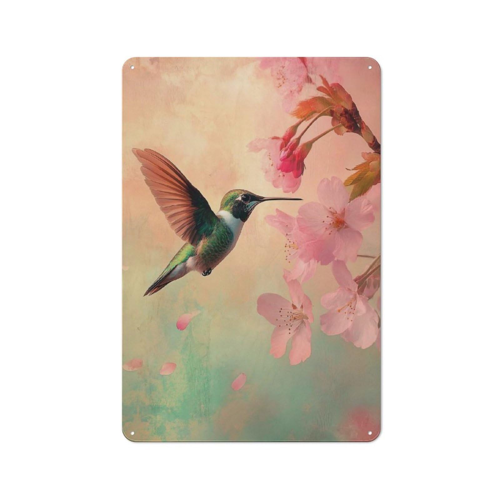 Junmoney Style-13 Hummingbird And Cherry Blossoms Art Retro-Style Tin Wall Plaque 30X20cm For Café Or Home Bar, For Themed Interiors In Cafés And Home Bars