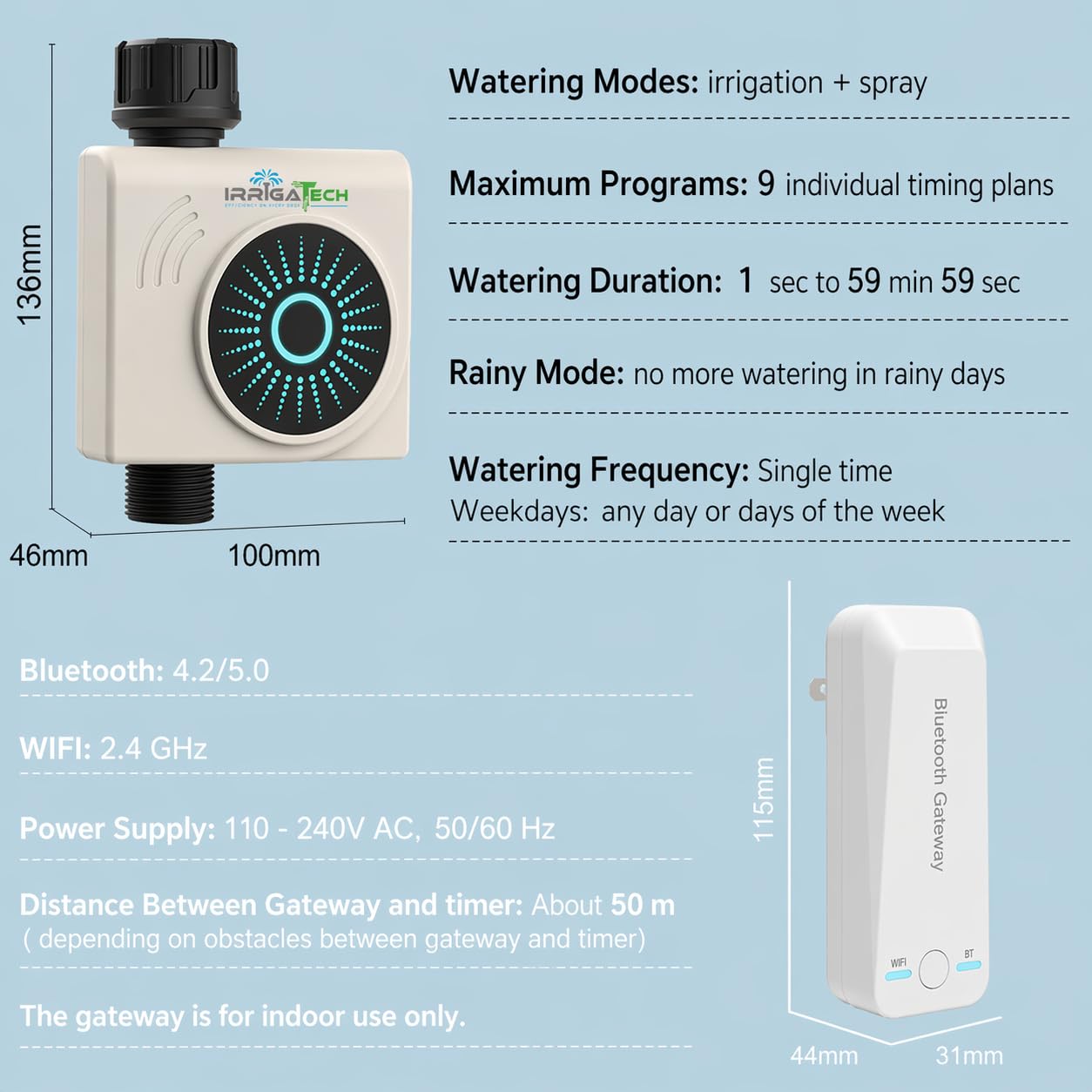 Timer di irrigazione intelligente WiFi e Bluetooth con Gateway, 1 zona, programmatore automatico per rubinetto, controllo app, compatibile Alexa e Google, Rain Delay.