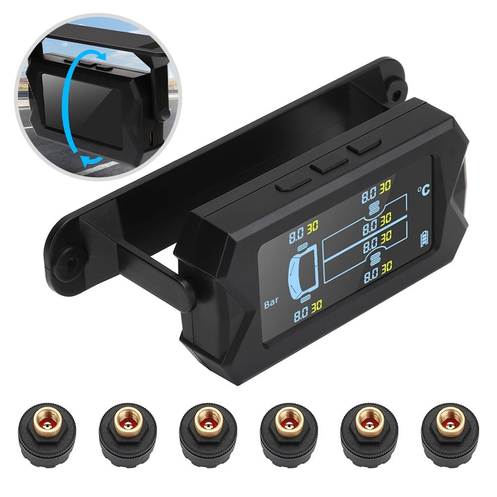 Solar TPMS z 6 czujnikami zewnętrznymi i wyświetlaczem LCD do monitorowania ciśnienia w oponach samochodowych, alertów w czasie rzeczywistym i bezpieczeństwa, kolor czarny