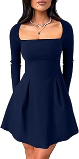 Women's Sexy Long Sleeve Square Neck Adjustable Straps Bow Tie A-line Mini Party Club Dress