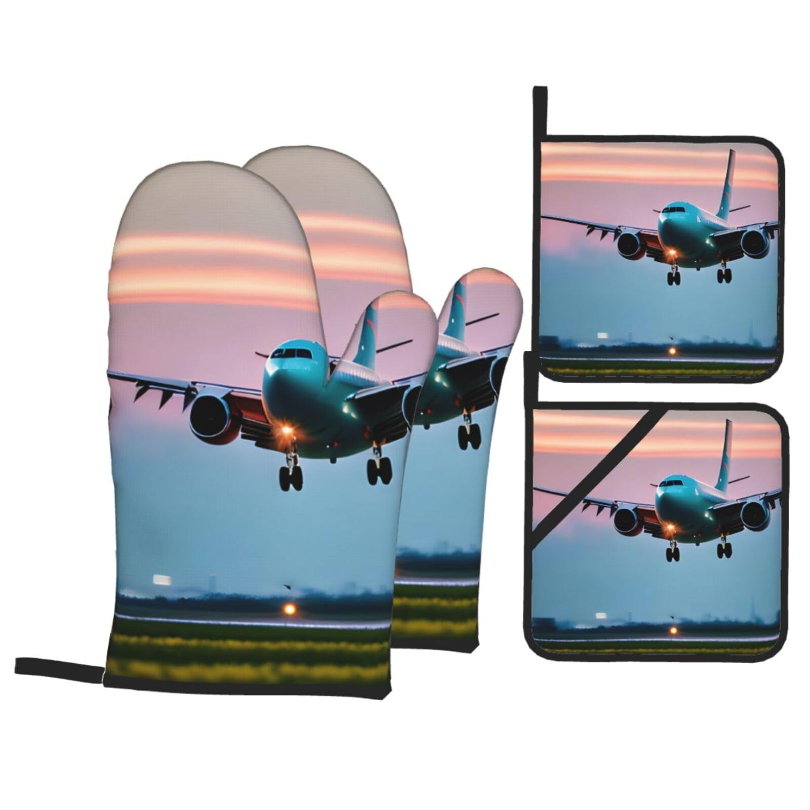 Airplane in The Evening Lights Print 4-Piece Heat-Resistant Oven Waterproof Kitchen Gloves Cooking Roasting Essential