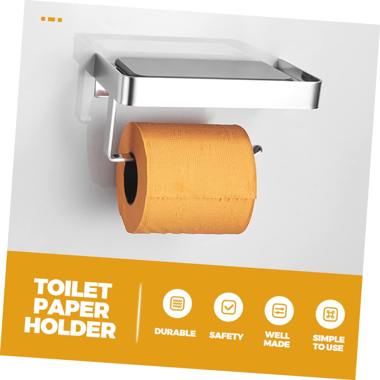 Portarrollos con Instalación Adhesiva de Papel Higiénico de Acero Inoxidable con Estante para Teléfono y Diseño de Bordes hacia Arriba en Color Plata para Baños y Aseos