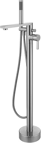 Miniatura 8 de Grifo de bañera independiente, relleno de bañera, oro cepillado, montaje en suelo, latón de una sola manija, grifos de baño con ducha de mano