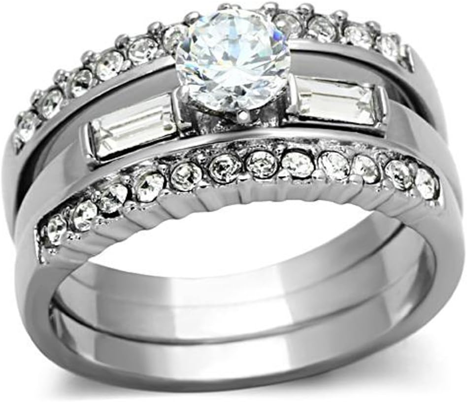 Marimor Jewelry 1 Carat Round Cut and Baguette 3 Piece Wedding and Engagement Ring Set Women's Size 5-10