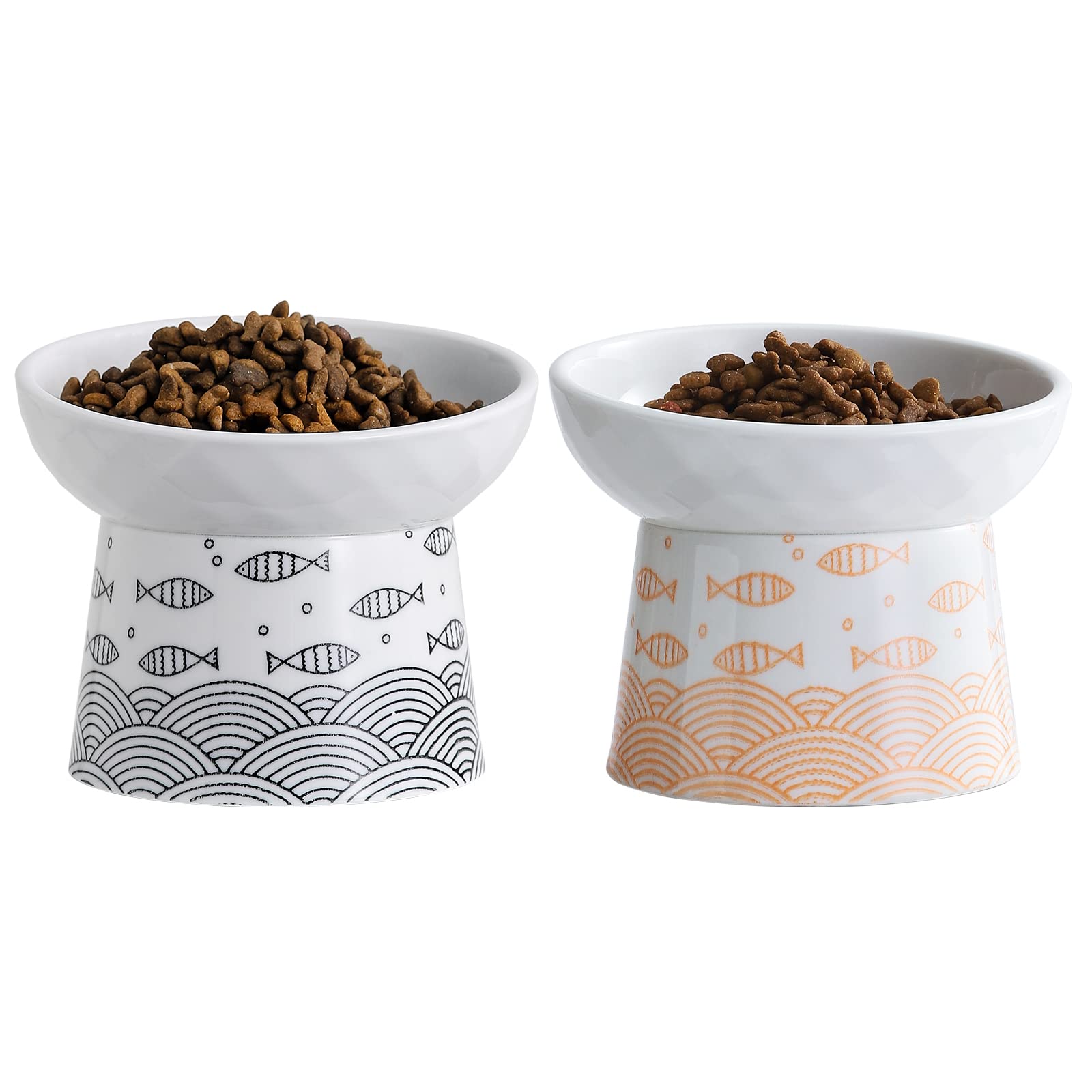FIVEAGE Tilted Raised Ceramic Cat Bowls Set Of 2 - Anti-Vomit, 8oz, Dishwasher Safe