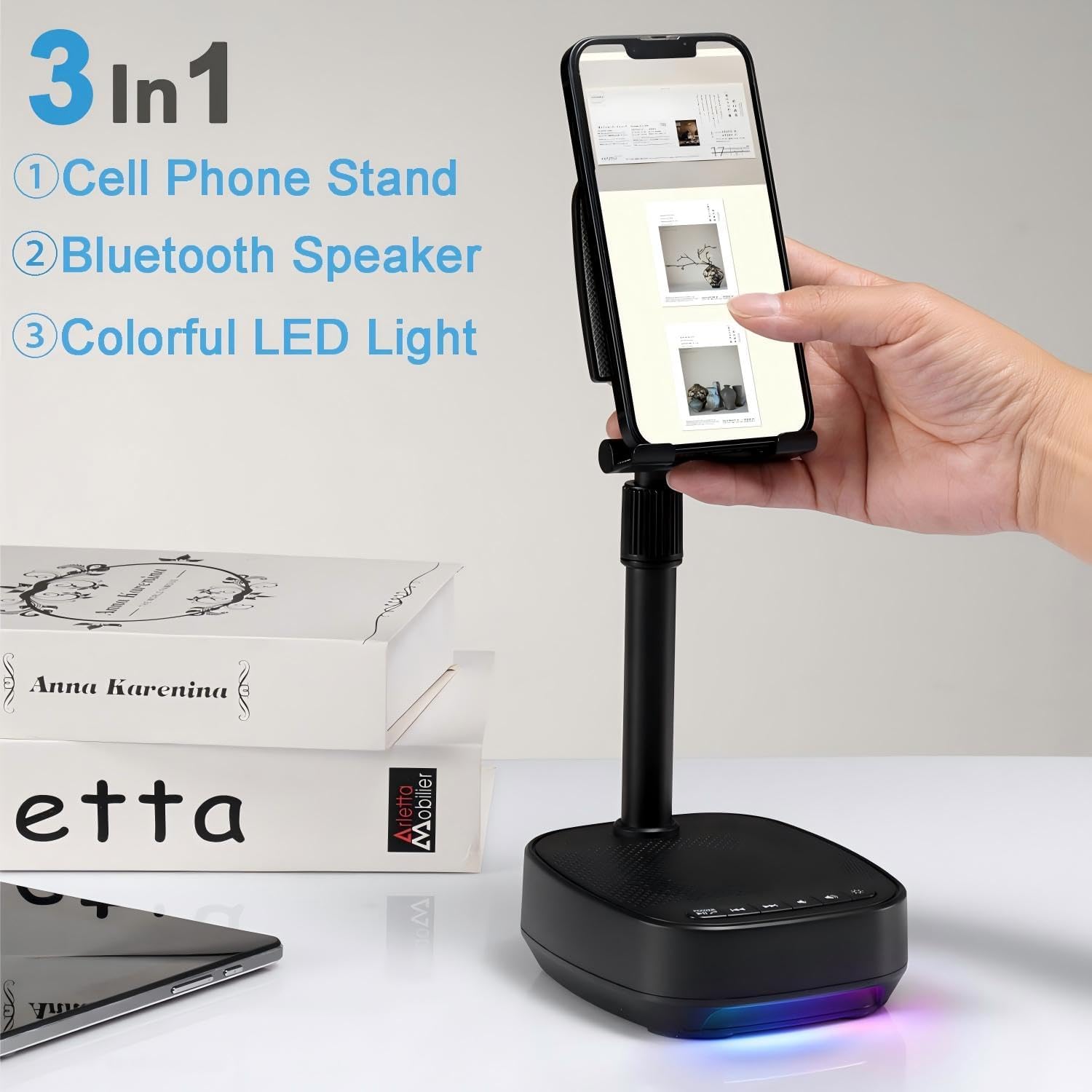 حامل موبايل 3 في 1 مع مكبر صوت بلوتوث وضوء LED – ق...