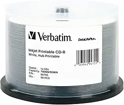 Verbatim Cd-R 700Mb 52X Datalifeplus White Tintajet Imprimível, Hub Imprimível - 50Pk Fuso - 94755 Branco 50 Discos