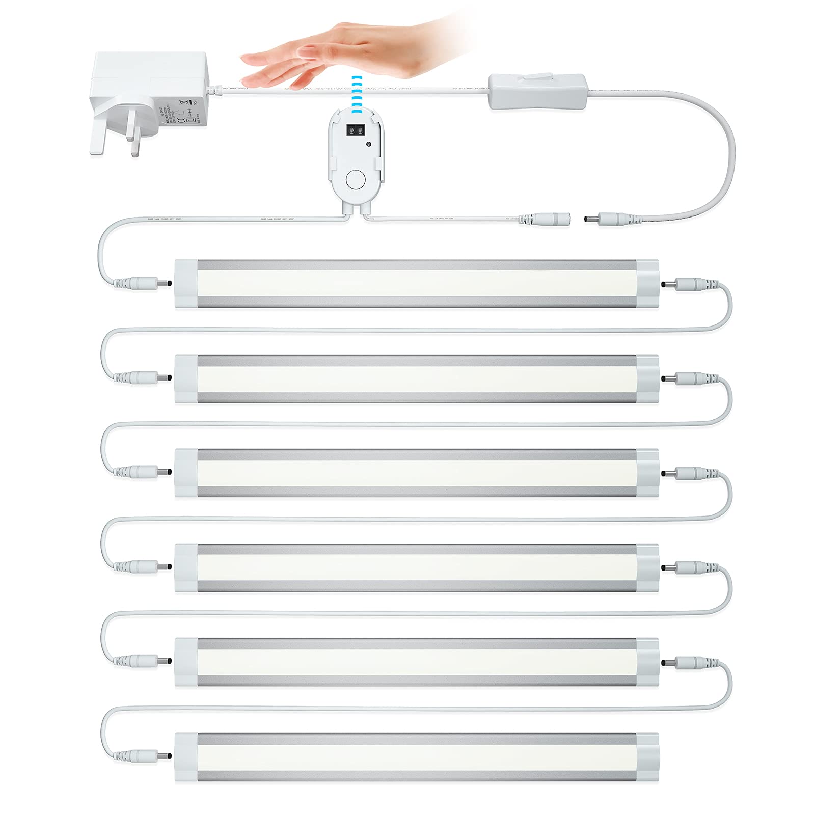 LAMPAOUS Sensore di movimento LED sotto l'armadio luci per interni, dimmerabile, luce diurna, luce bianca fredda, LED, luci da cucina collegabili per unità inferiori, confezione da 6