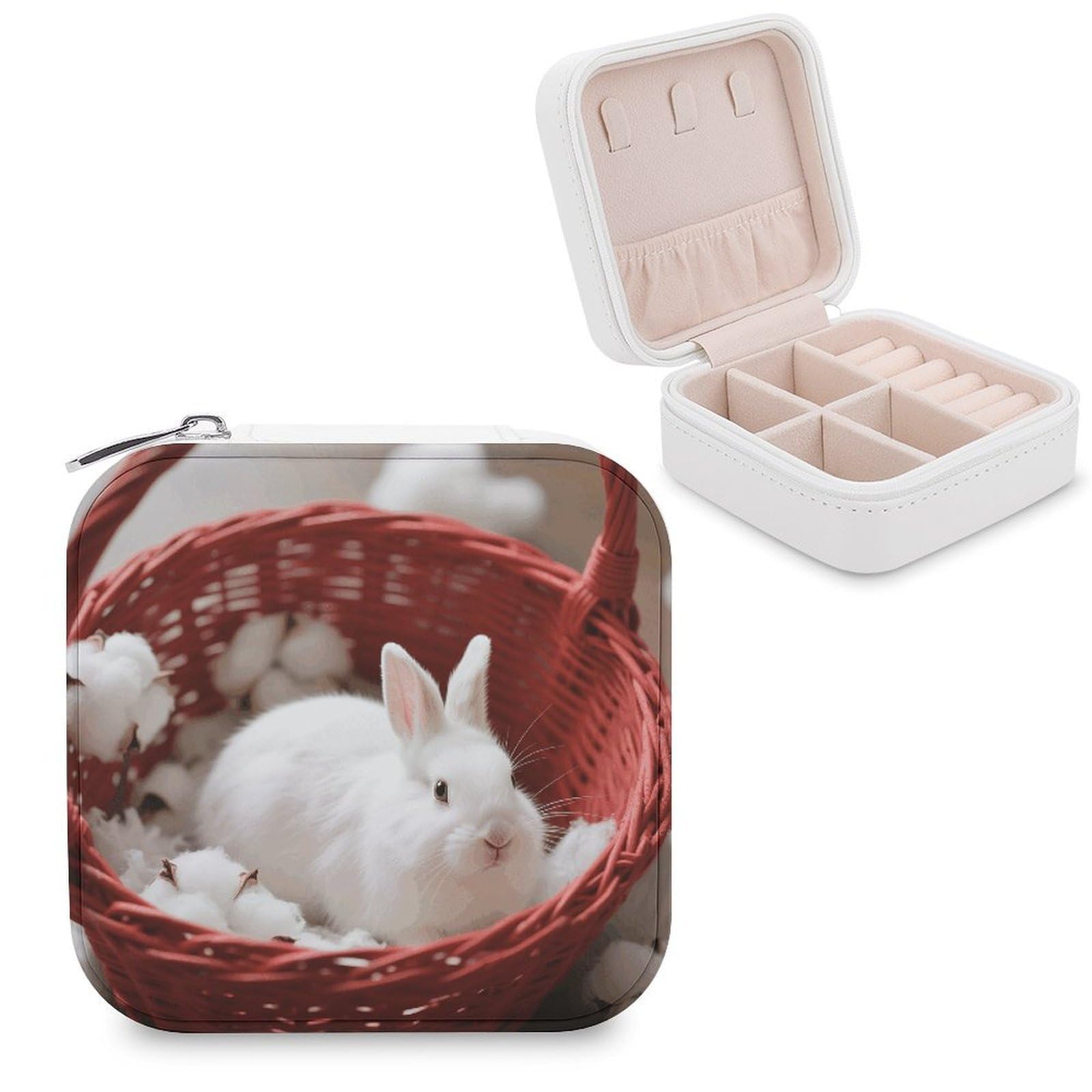 VstaDank Rabbit in Basket Jewelry Organizer Travel Case for Women With Zipper Mini Jewelry Case PU Leather Jewelrys Box for Rings Necklaces Bracelets Earring Holder Organizer Storage