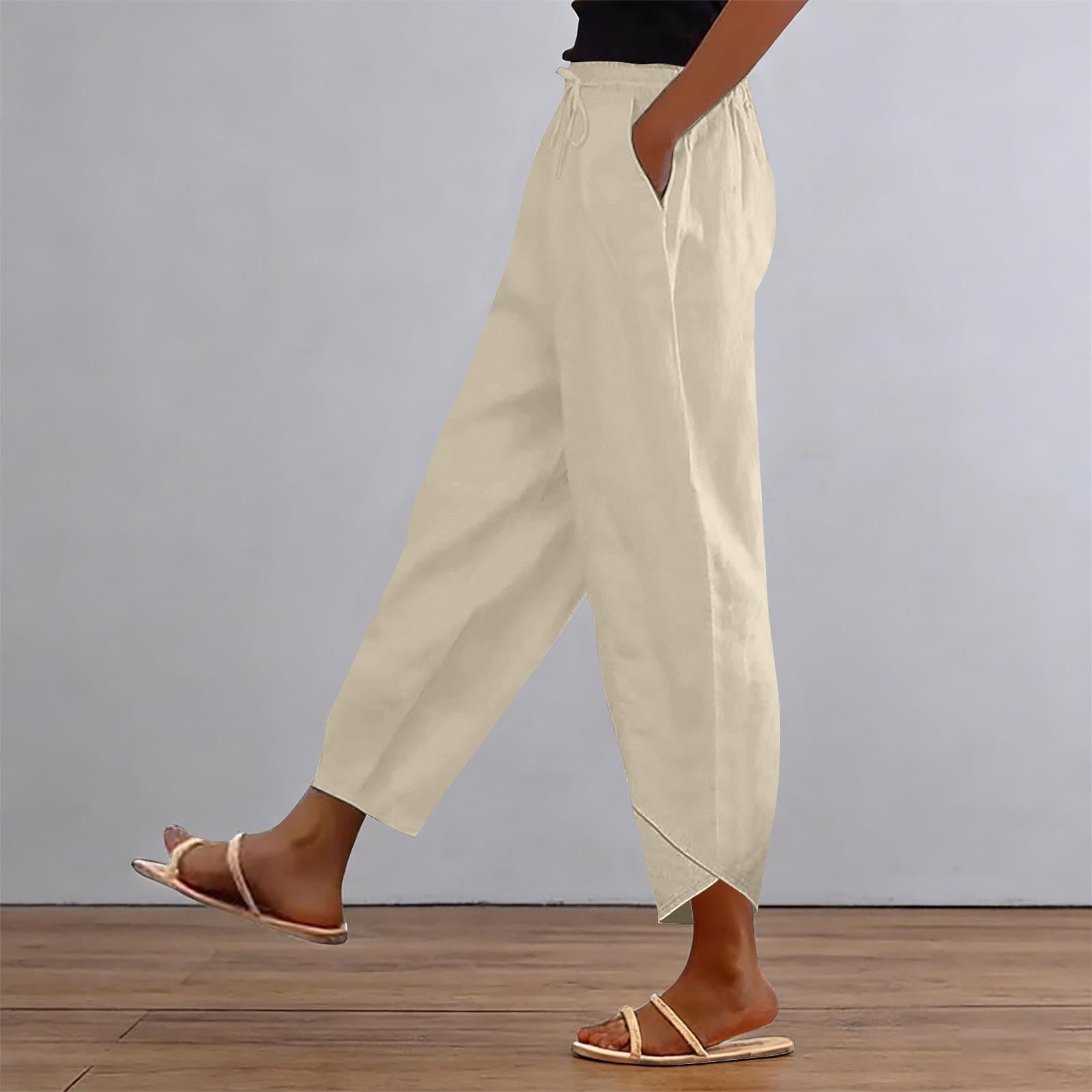 Generisch Pantalon de loisirs en lin pour femme - Élégant - Palazzo - Pantalon sarouel - Léger et respirant - Pantalon d'été à jambes larges - En coton - Pantalon de plage - Pantalon long en tissu