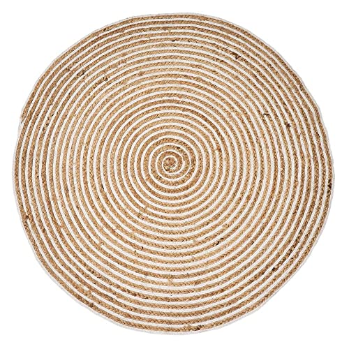 LOLAhome Alfombra Trenzada Redonda Blanca y Natural de Yute de Ø 120 cm -