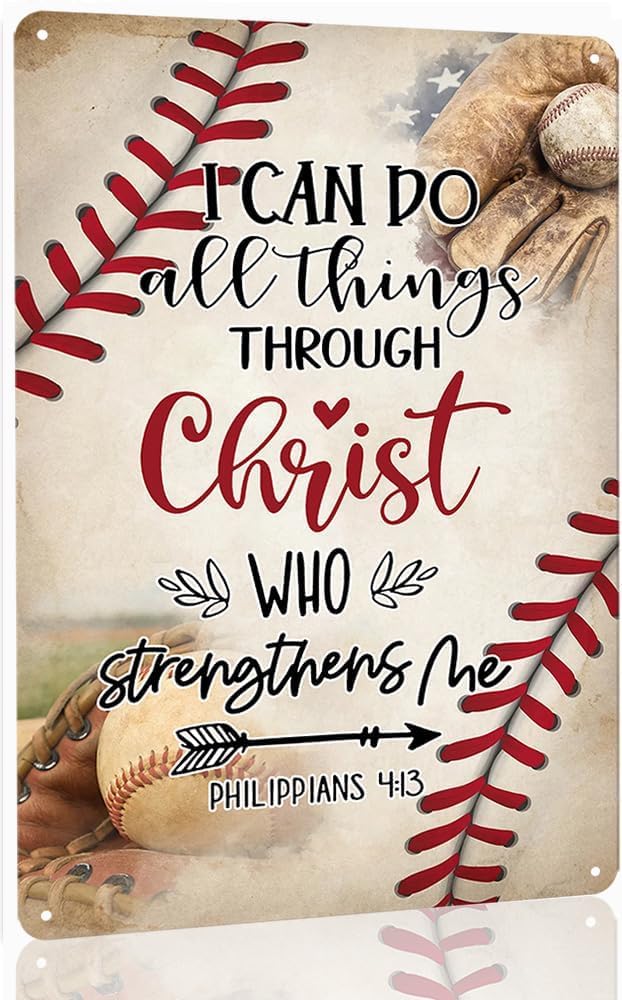 SMAZDFXX I Can Do All Things Through Christ Who Strengthens Me Vintage Metal Tin Sign Baseball Signs For Boys Bedroom Sports Decor Poster 8"x12"