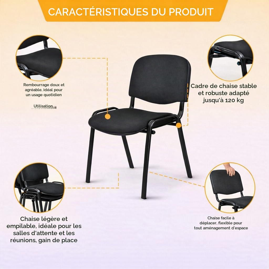 Topsit Lot de 4 Chaises Visiteur ISO Chaises de conférence empilables et Confortables avec Assise et Dossier rembourrés