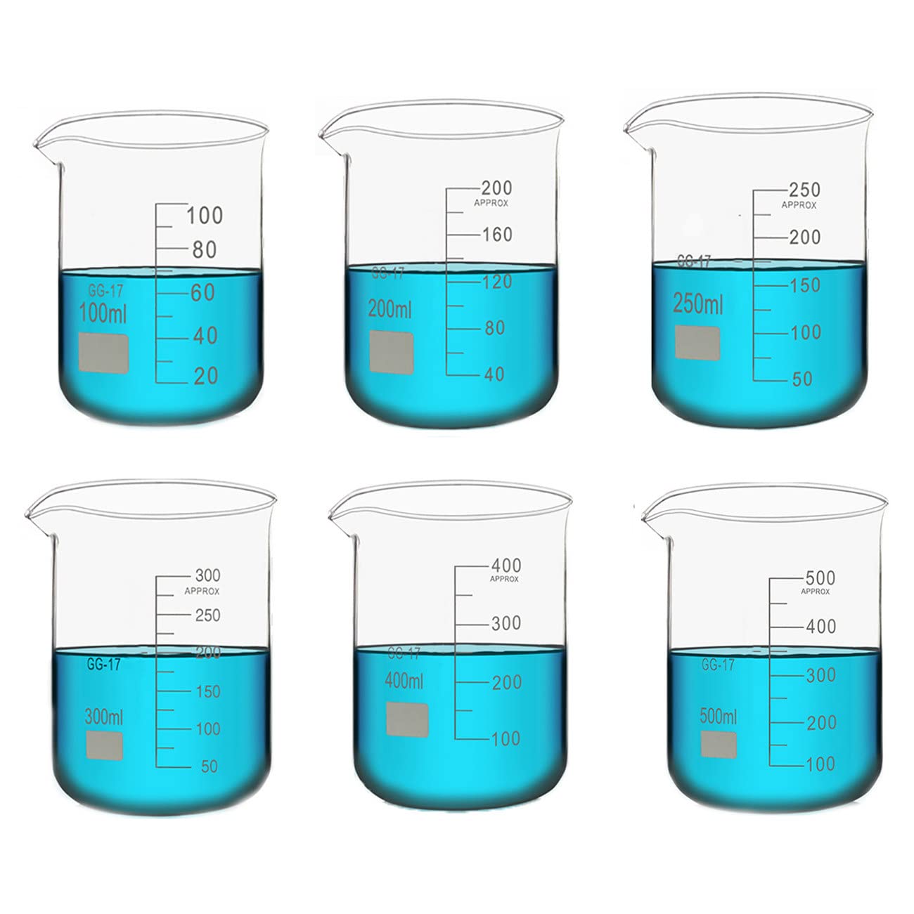 Juego de vasos de precipitados de vidrio, (100 ml, 200 ml, 250 ml, 300 ml, 400 ml, 500 ml) Vaso de laboratorio de borosilicato engrosado, vaso de precipitados de medición graduado con pico, para lab