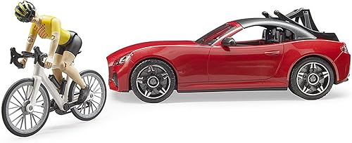 Miniatura 4 de Bruder Juguetes  Coche roadster realista recreativo con portabicicletas y bicicleta de carretera con figura ciclista femenina  El techo del coche es
