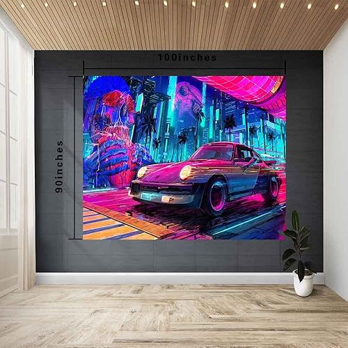 Miniatura 7 de Ine Ive Tapiz retro de los años 80 para automóvil, diseño de ciudad punk, astronauta psicodélico, neón, para colgar en la pared, tamaño grande, 100