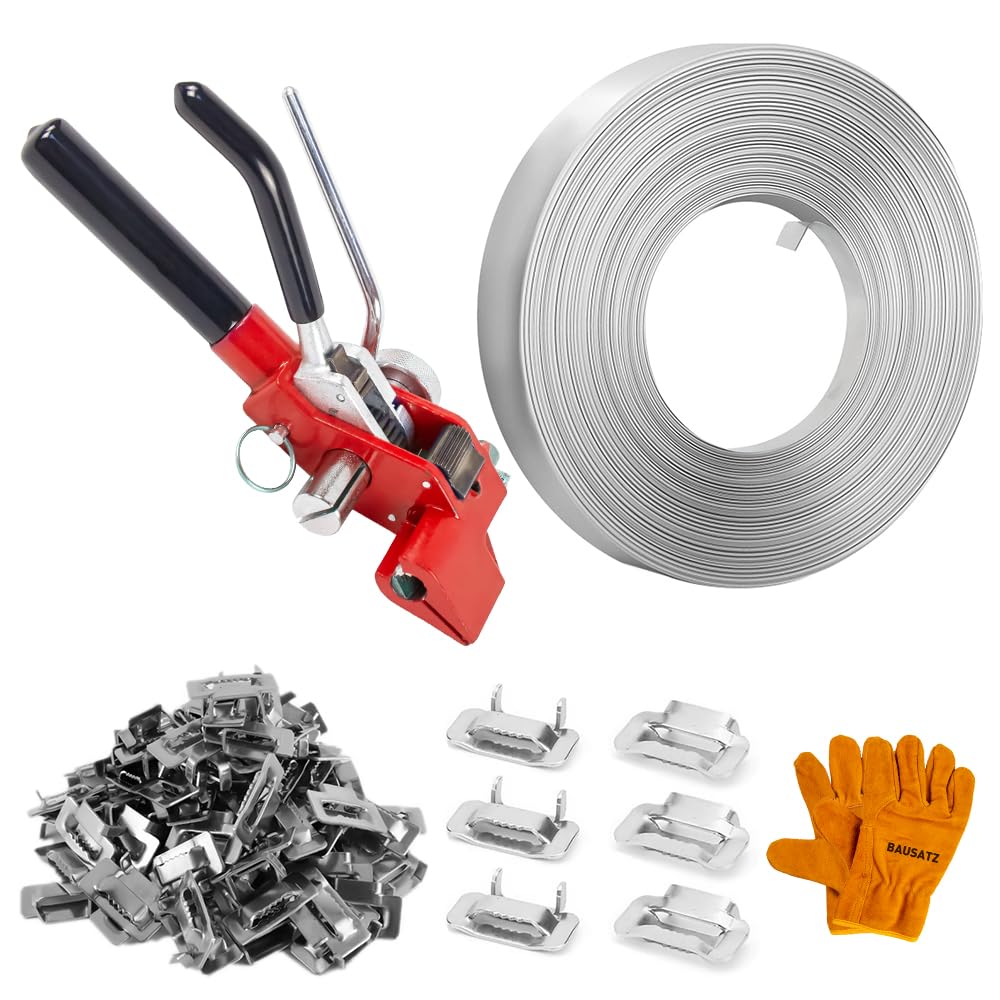 BAUSATZ Packaging Strapping Kit, Stainless Steel Banding Coil (3/4" x 100ft x 0.03") & Ear-Lokt Buckles (100pcs), Red