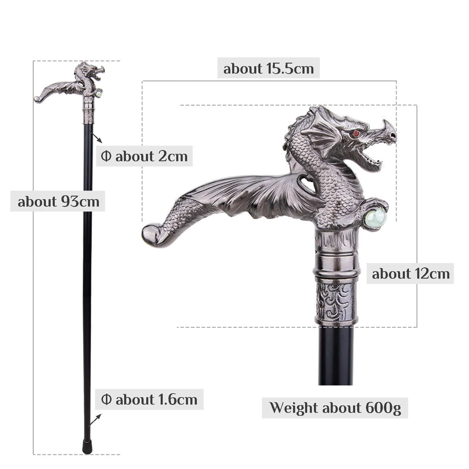 Gehstock aus Aluminiumlegierung mit Drachenkopf-Motiv, für Damen und Herren, Gothic, dekorativ, kunstvoller Metallstock mit ergonomischem Griff, Gehstock für Senioren