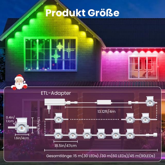 Rosnek Permanente Lichterkette Außen, 30M RGB 60 LEDs mit Alexa & Google, Smarte Weihnachtsbeleuchtung Außen mit WLAN-App funktioniert & Fernbedienung, Deko Weihnachten Draußen mit Wasserdicht & Timer