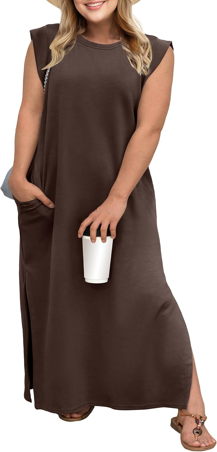 OLRIK Plus Size Maxi Dresses for Curvy Women 2026 Summer Casual Cap Sleeve Split Long Dress with Pockets Loose Fit