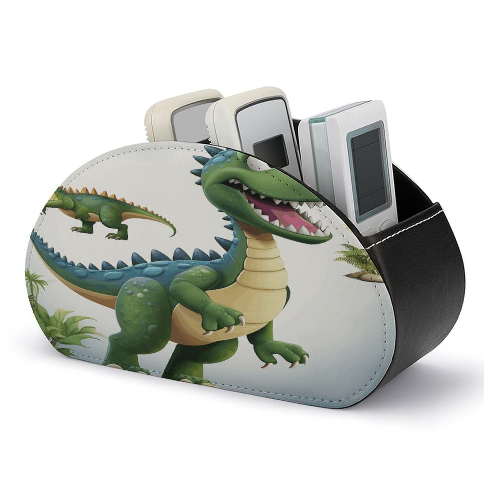 FekiLoot Cartoon Dinosaur Images Remote Control Holder with 5 Compartments Multi-functional TV Remote Caddy Organizer Leather TV Remote Holder Desktop Organizer Store for Bedside Table Office Desk