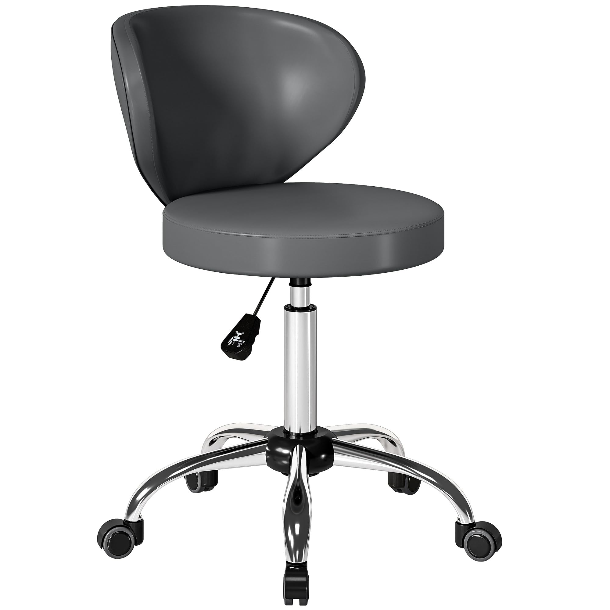 HOMCOM Tabouret à roulettes, Tabouret de Massage en PU avec Hauteur réglable 73-88cm et Dossier, Chaise de Travail pivotant 360°, Cadre en Acier, pour Salon de Massage, Tatouage, Clinique, Spa, Gris