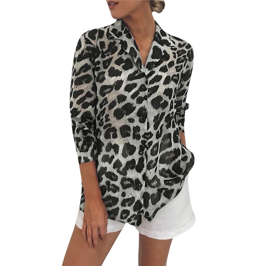 Fashion Long Sleeve Leopard Print Button Turn-Down Collar Blouse ShirtWomen