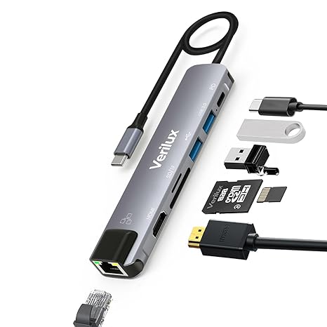 Verilux® USB Hub for Laptop with Ethernet RJ45 7 in 1 USB Type C Hub with 4K@60Hz HDMI for Nintendo Switch 2 SD/TF Card Reader PD Charge Multi USB 3.0 Port for MacBook iPhone 17 with 24CM Cable