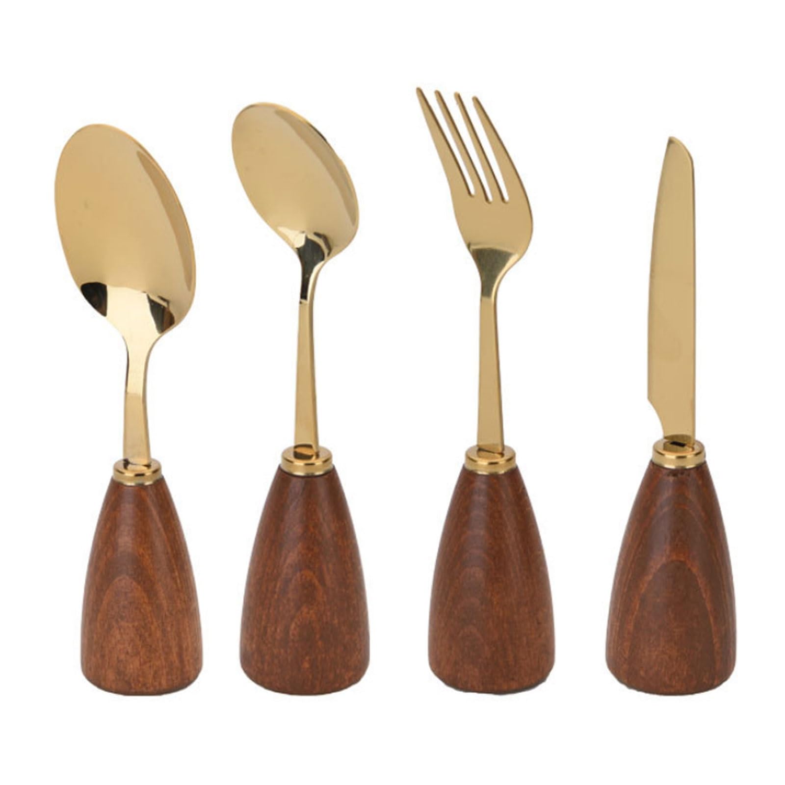 Juego de cubiertos chapados en oro con mango madera 4 piezas, vajilla occidental acero inoxidable for cena, tenedor, cuchara, cuchillo