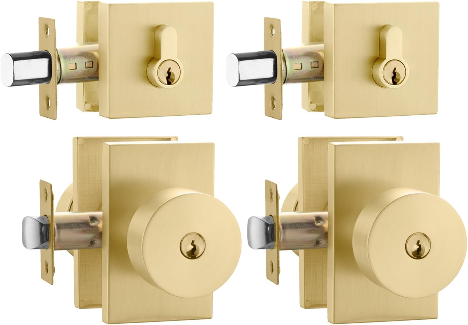 goldenwarm Gold Exterior Door Knobs with Deadbolt, Square Keyed Alike Brushed Gold Exterior Door Lock Sets with Deadbolt, Heavy Duty Brass Front Entry Door Locksets with Deadbolt(2 Pack)