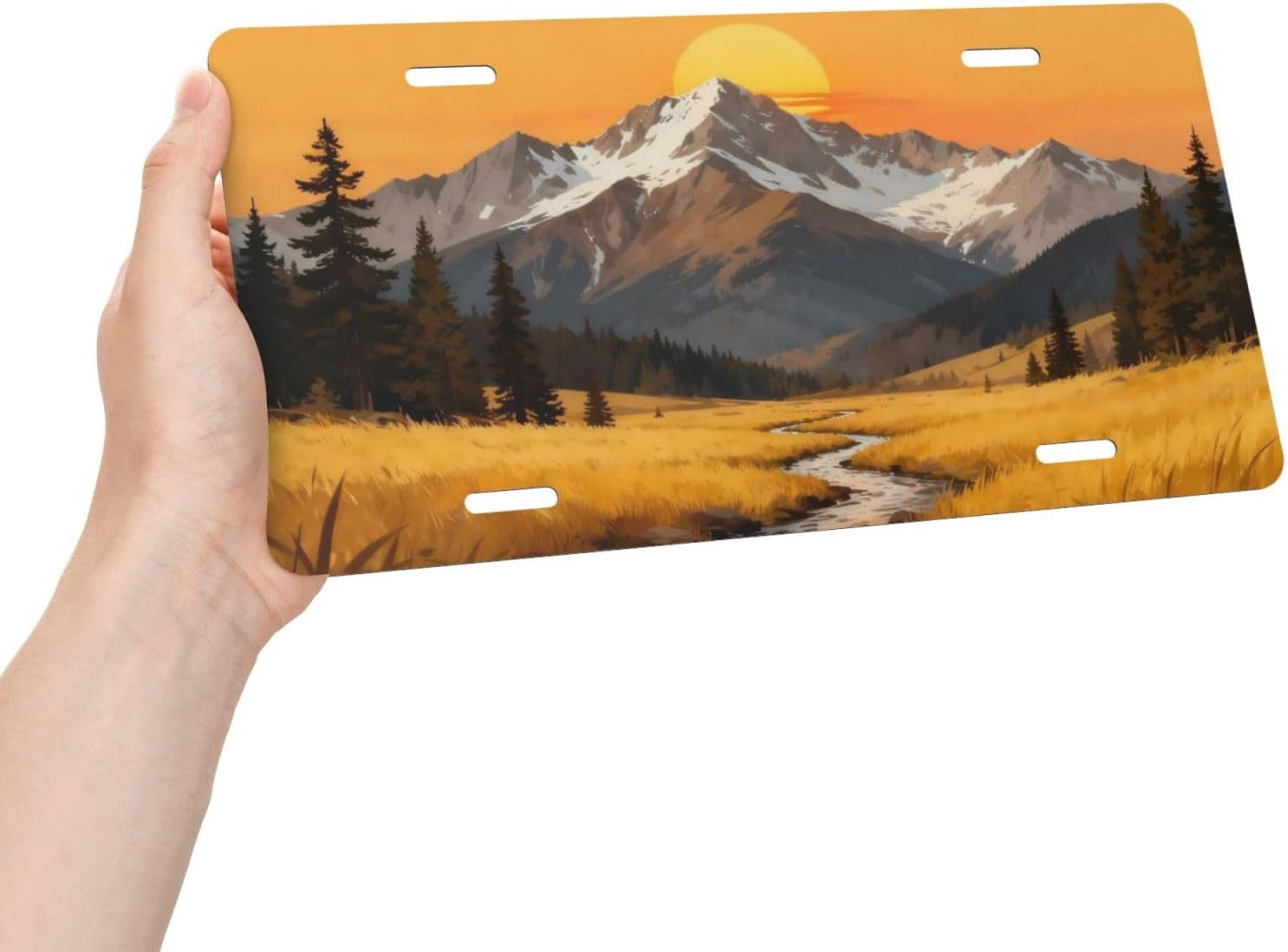 Sunset Snow-Capped Mountains Pine Trees Meadows Streams Front License Plate Car Decorative License Plates Aluminum Metal Decor Accessory Novelty Vanity Tag with 4 Holes for Men Women 6" X 12"