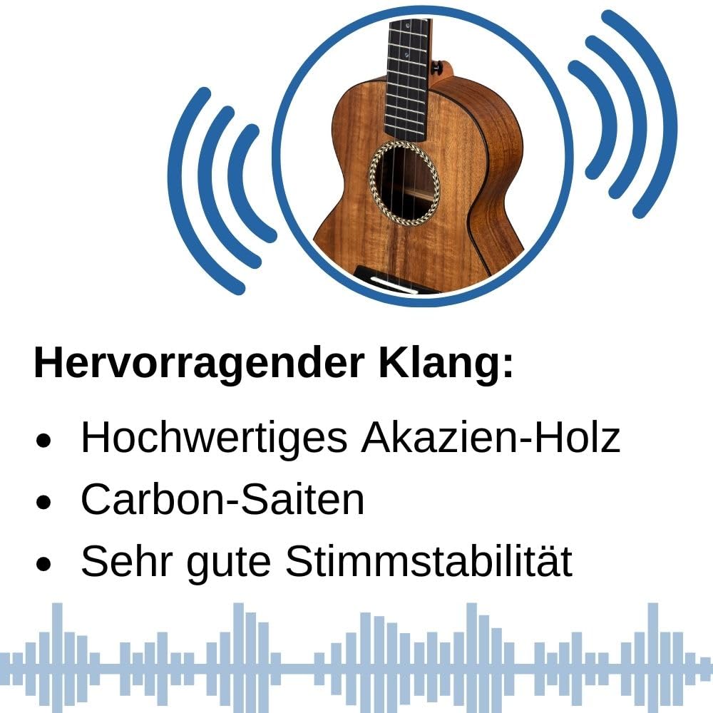 Cascha Solid Top Acacia Konzert Ukulele Erwachsene & Kinder - inkl. 3 Plektren & gepolsterter Tasche - Ukulele für Anfänger & Fortgeschrittene - hochwertige Carbon-Saiten - Top Qualität