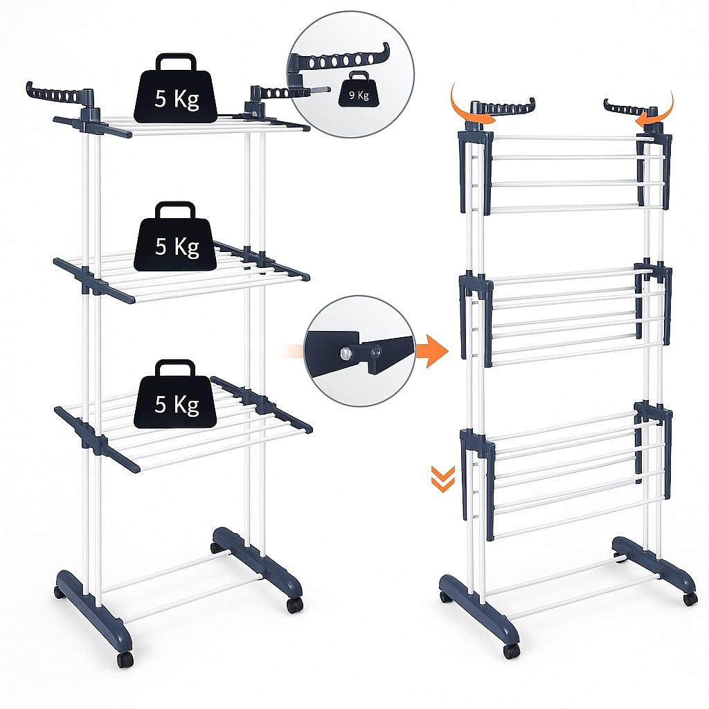 T-LOVENDO.ES Tendedero Vertical Plegable De Alta Capacidad de Ropa - 4 Niveles con Barras de Acero Inoxidable con Dos Alas Laterales Amplio Espacio para Secar. Ruedas Incluidas. Gris.
