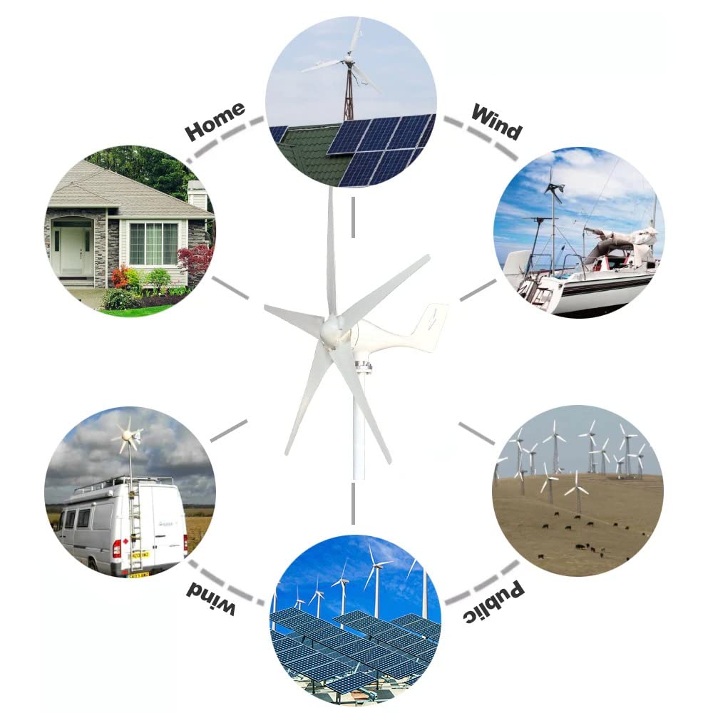 600W Windkraftanlage 12V 24V 48V Windturbine mit 5 Flügeln und kostenlosem MPPT Laderegler Horizontaler Windgenerator für Zuhause Bauernhof