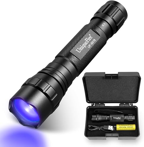 UniqueFire Linterna UV 501B 395nm Luz negra portátil para curado de resina, detección de orina de mascotas, con batería recargable USB-C
